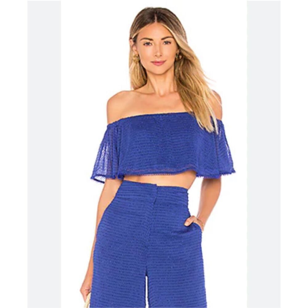 House of Harlow 1960 x REVOLVE Blue Off Shoulder‎ Ruffle Crop Top S